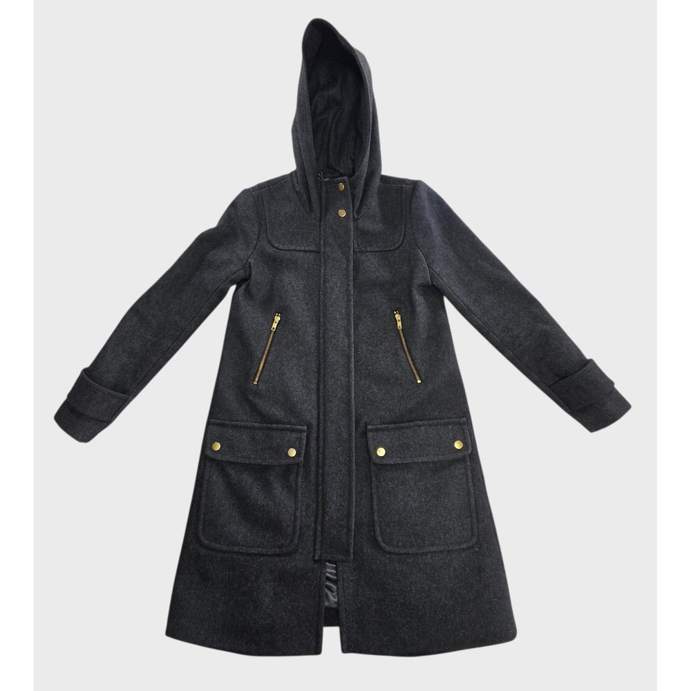 J.Crew Dark Academia Melton Wool Hooded Duffle Coat Size 0 Grey Winter Jacket